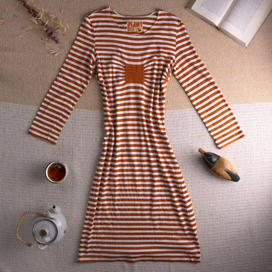 Jean Paul Gaultier JPG Jean's Archival 90s Marinière Stripe Midi Dress – rust orange and white horizontal stripe stretch jersey, optical illusion trompe l'oeil ruched bust effect, single chest patch pocket, scoop neckline, long sleeves, body-con midi silhouette, JPG Jean's Collection 0007 woven label, flat lay editorial shot