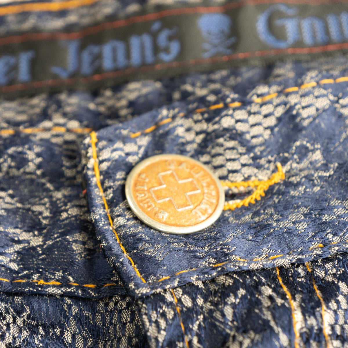 Archival Jean Paul Gaultier 1993 "Haute Jeanerie" Flocked Lace Tailored Trousers - Rare Skull & Eiffel Tower Label Cinch Back XS S
