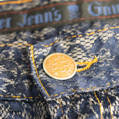 Archival Jean Paul Gaultier 1993 "Haute Jeanerie" Flocked Lace Tailored Trousers - Rare Skull & Eiffel Tower Label Cinch Back XS S