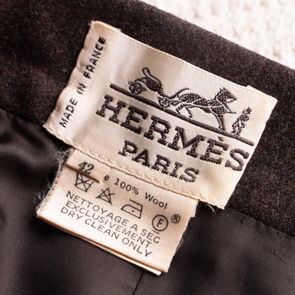 Archival HERMÈS Late 1980s Marron Foncé Virgin Wool Skirt - Rare Winged Utility Pockets S