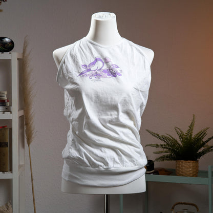 Archival Emilio Pucci 80s "Romeo e Giulietta" Graphic Tank Top – white cotton sleeveless top with chest graphic of intertwined swans and purple floral motif with "Romeo e Giulietta" script, ribbed hem band, asymmetric draped neckline, Made in Italy, product shot on dress form