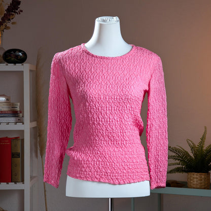 Archival YSL Saint Laurent Rive Gauche 80s Pink Cloqué Blouse – bubblegum pink silk blend with all-over textured cloqué blistered surface, round neckline, long sleeves, fitted silhouette, keyhole back, Made in France, museum grade, product shot on dress form