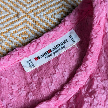 Archival YSL Saint Laurent Rive Gauche Pink Cloque Blouse 80s Silk Blend Keyhole Top Made in France Museum Grade Size M EU 38