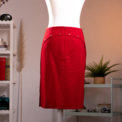 back view Archival Jil Sander Mainline 90s Red Wool Cashmere Pencil Skirt – lipstick red fine wool-cashmere blend, high waist with curved saddle yoke seaming, five silver snap buttons down the side slit, straight midi pencil silhouette, minimalist German precision tailoring, Made in Germany, product shot on dress form