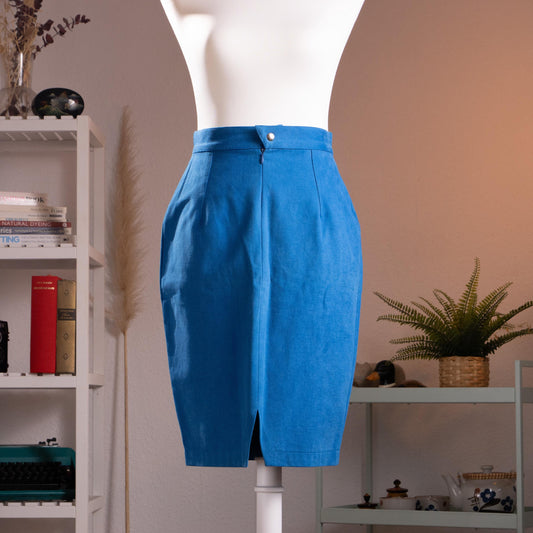 Archival Thierry Mugler Activ NOS 90s Cobalt Blue Cotton Pencil Skirt – saturated cobalt blue crisp cotton, extreme high waist with single silver snap button, front centre seam with small kick vent at hem, wasp waist sculptural silhouette, NOS deadstock, TIME Srl Italy, product shot on dress form